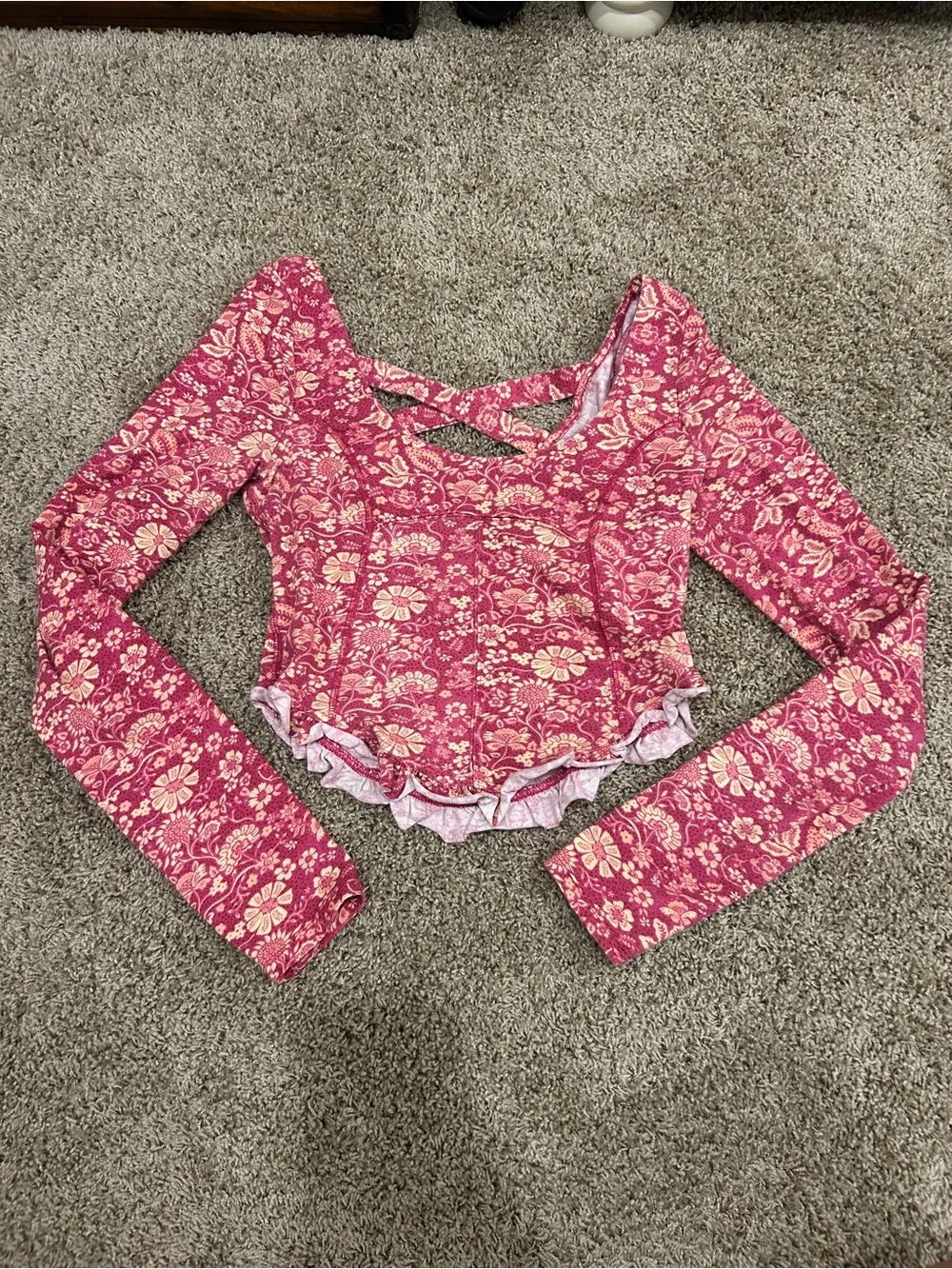 Free People Pink Floral Ruffled Long-Sleeve Crop Top